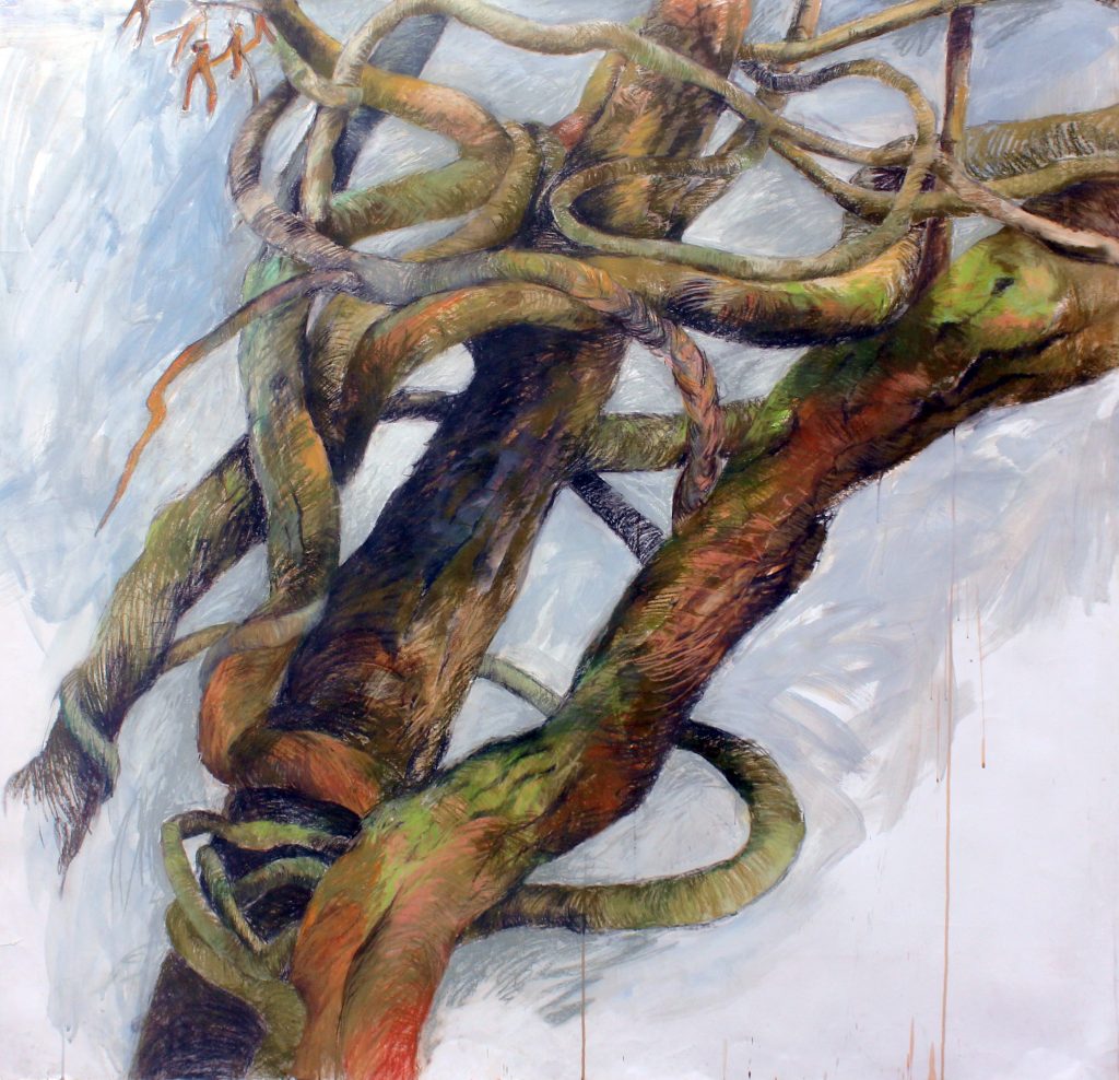 Painting of a twisted tree with apparent vine encircling the trunks and limbs